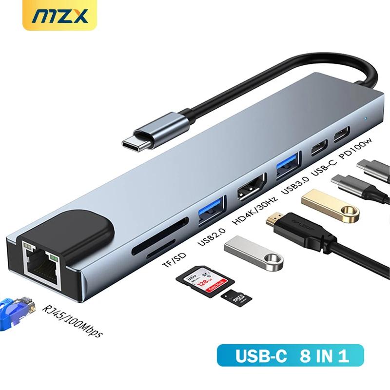 MZX ŷ ̼ USB-C USB  3 0 ߱, 4K HDMI ȣȯ HDTV 100M RJ45 SD TF ī , CŸ 3.0 , 8  1